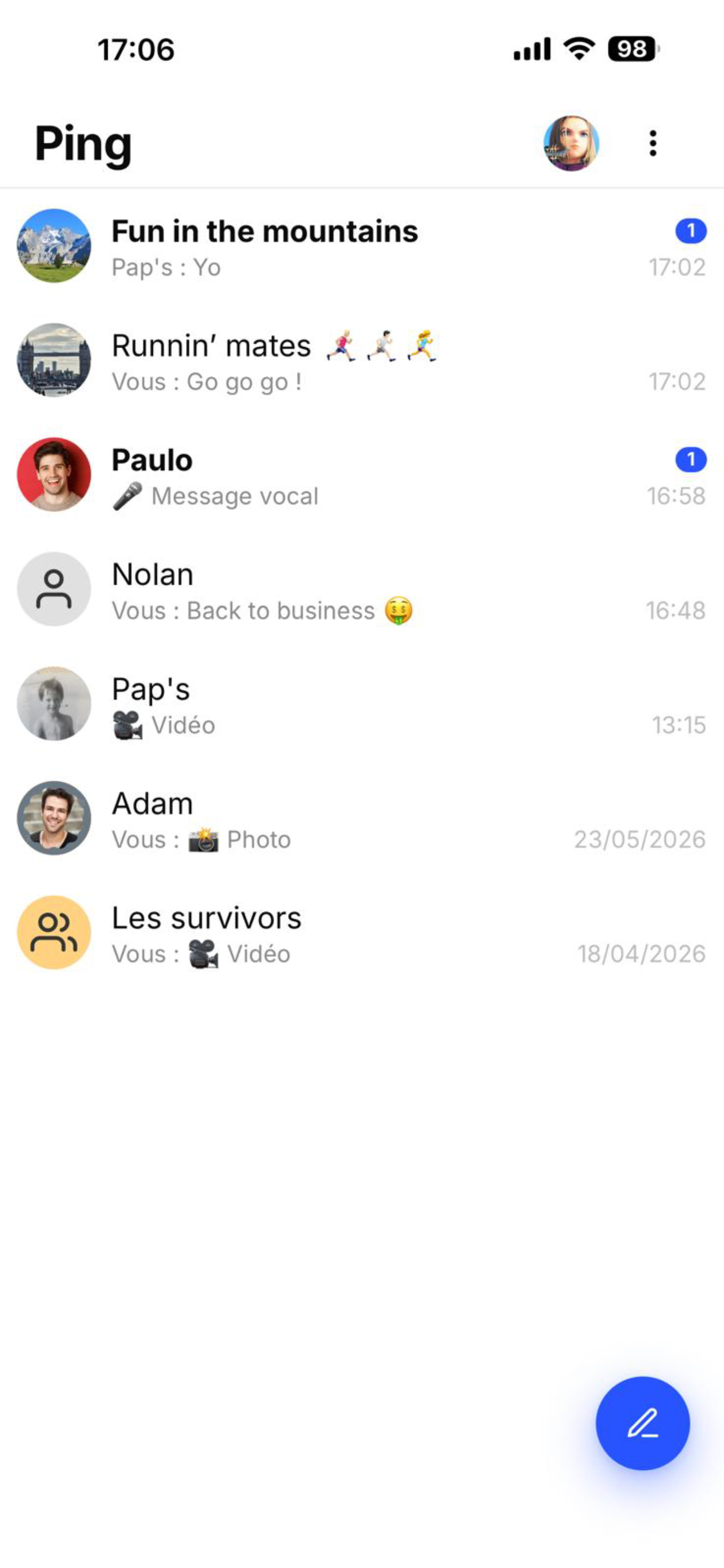 Liste des conversations dans l'application Ping