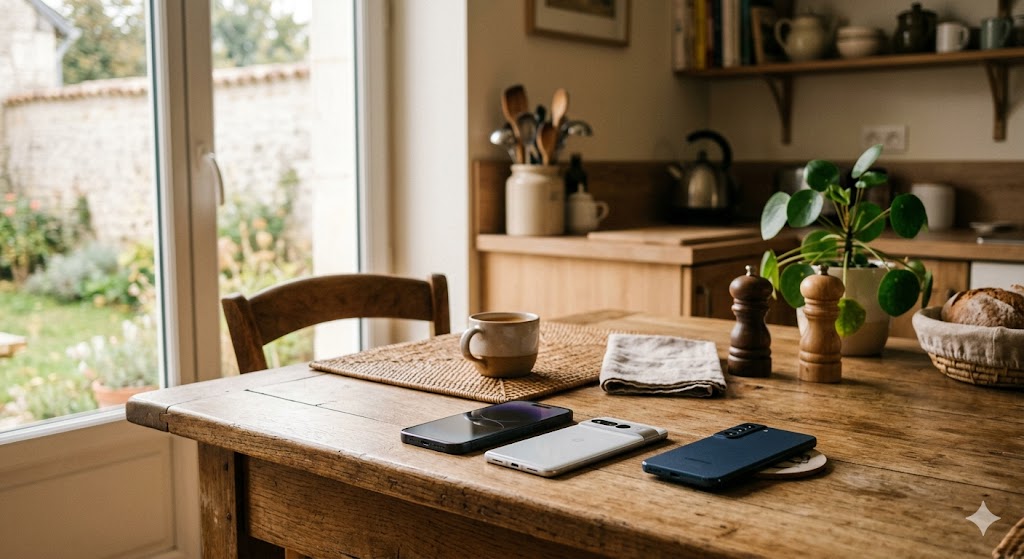 Table de cuisine avec téléphones posés dessus — messagerie privée pour famille sans réseau social